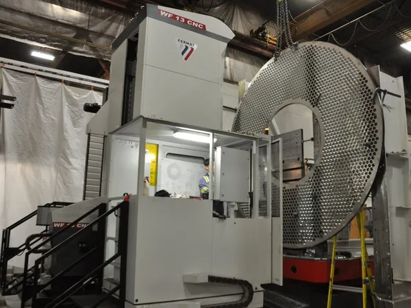 Fermat WF13 CNC horizontal boring machine with a large tubesheet rigged in the workholding